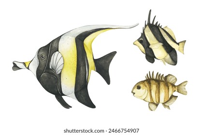 Conjunto de coloridos peces tropicales. Animales de acuario. Ilustración de acuarela de peces tropicales. Concepto de vida marina submarina.