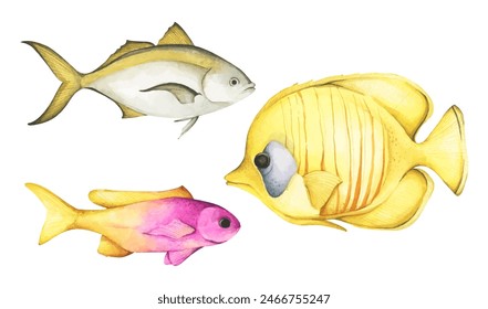 Set of colorful tropical fish. Aquarium animals. Watercolor illustration tropical fish. Underwater sealife concept.