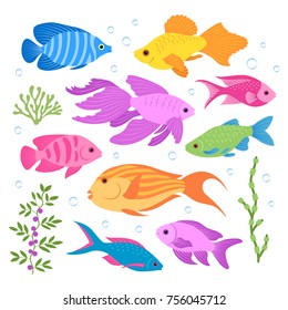 A set of colorful tropical fish. Flat style. Vector illustration.