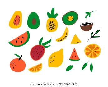 Set of colorful tropical fruits. Vector graphic ellements for poster, postcard, t shirt design. Hand drawn illustrations in doodle style. Collection of summer food