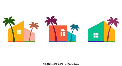 Set Of Colorful Tropical House Logo. House With Palm Tree Logo Vector, Hawaii Tropical Beach Home Or Hotel Icon Design Illustration