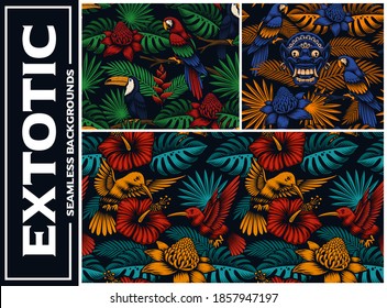 Set of colorful tropical seamless backgrounds, these designs can be used as fabric prints as well as for many other uses.