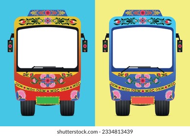 Set of colorful trucks with a colorful flower pattern on the front.