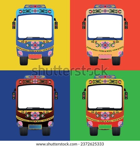 Set of colorful trucks with a colorful flower pattern on the front.