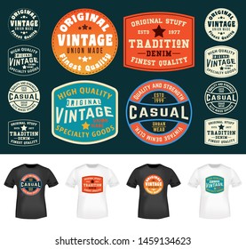 Set of colorful t-shirt stamps design for tee applique, badge, tag, label clothing, jeans, and casual wear. Vector illustration.