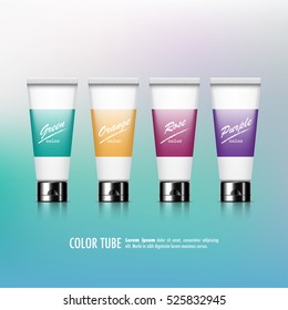 Set of colorful tubes for cosmetics or artistic packaging. Vector illustration.