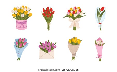 Set of colorful tulip bouquets in various packaging styles. Spring floral collection with wrapped flowers, boxed arrangements, and envelopes. Great for cards and romantic designs.  Vector illustration