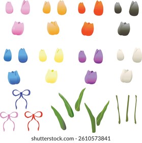Set of colorful tulips flower. A set with separated parts of the flower, leaves, and stem for DIY assembly.