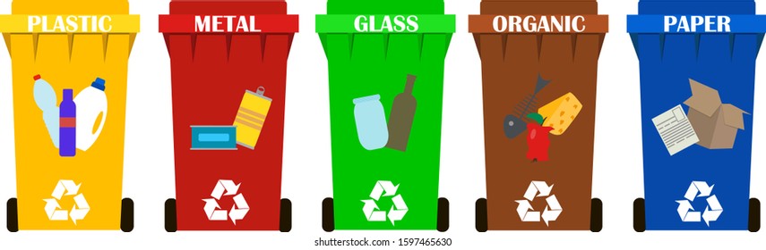 Set of colorful types of trash bins for recycling garbage collection with signs. The symbol of the separate collection of waste. Types of garbage: metal, paper, organics, plastic, glass. Flat design.
