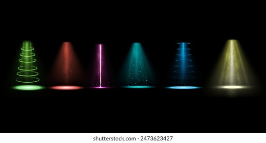 Set of colorful UFO beams in various designs. Vector illustration of green, red, pink, blue, and yellow lights in dark space. Alien spaceship beams with glowing effects.