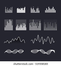 Set colorful ui ux music equalizer sound waves. Audio electronic bar. Music waves logo. Dj vector illustration. Black and white light audio signal.