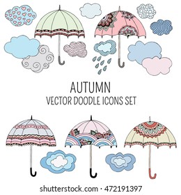 Set of colorful umbrellas and clouds. Hand drawn doodle background. Texture for the banner, advertising, posters, textile, web design. Cartoon autumn wallpaper