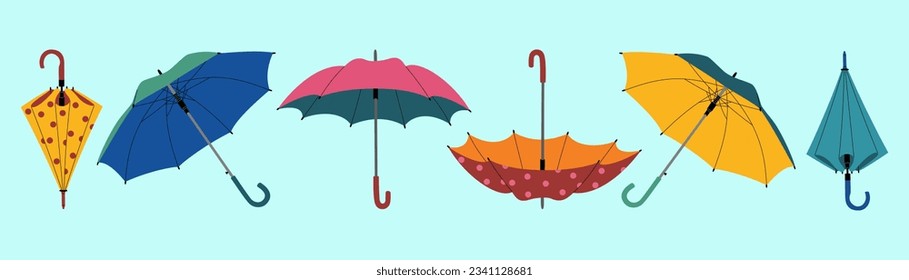 Set of colorful umbrellas. Opened, closed and folded umbrellas or parasols. Accessories for rainy weather. Hand drawn vector illustration isolated on blue background, modern flat cartoon style.