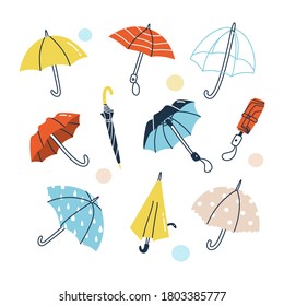 Set of colorful umbrellas in various positions. Vector illustration in cartoon style. Elements are isolated.