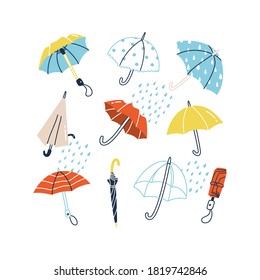 Set of colorful umbrellas in various positions. Vector illustration in cartoon style. Elements are isolated.