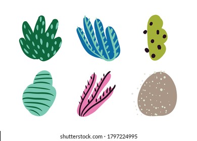 Set of colorful underwater design elements. Abstract vector floral objects. Marine nature, seaweed