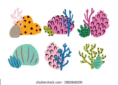 Set of colorful underwater design elements. Abstract vector floral objects. Marine nature, seaweed