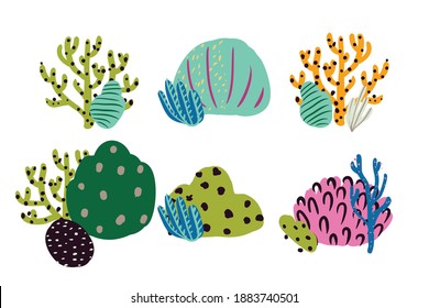 Conjunto de elementos coloridos de diseño subacuático. Resumen de objetos vectoriales florales. Naturaleza marina, algas marinas