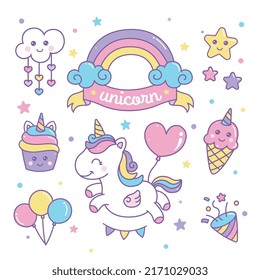 Set of colorful unicorn element sticker pack