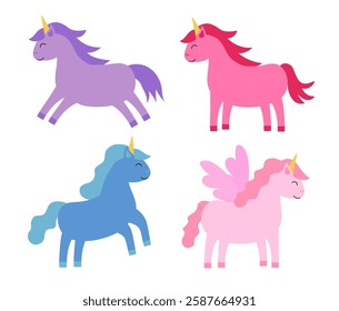 Set of Colorful Unicorns. Children vector flat illustration.