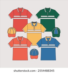 Set of colorful uniform template polo shirts and caps