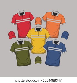 Set of colorful uniform template polo shirts and caps