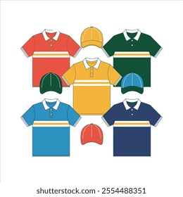 Set of colorful uniform template polo shirts and caps