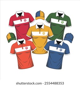 Set of colorful uniform template polo shirts and caps