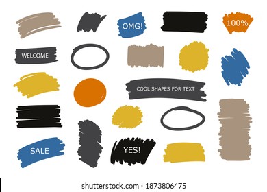 Set of colorful universal use brush strokes badges, stickers, backgrounds for advertising, text, business, promotion, speech bubbles. Place for text.