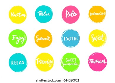 Set of colorful universal use circles, signs, badges, stickers, backgrounds for advertising, text, business, promotion. Summer hand written lettering.