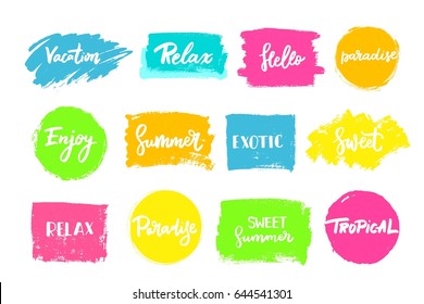 Set of colorful universal use circles, frames, boxes, brush strokes, signs, badges, stickers, backgrounds for advertising, text, business, promotion, speech bubbles. Summer hand written lettering.