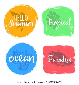 Set of colorful universal use circles, signs, badges, stickers, backgrounds for advertising, text, business, promotion. Summer hand written lettering.