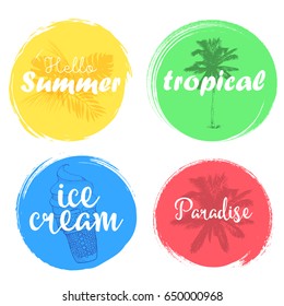 Set of colorful universal use circles, signs, badges, stickers, backgrounds for advertising, text, business, promotion. Summer hand written lettering.