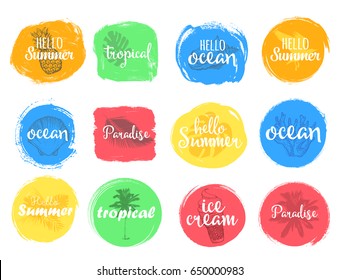 Set of colorful universal use circles, signs, badges, stickers, backgrounds for advertising, text, business, promotion. Summer hand written lettering.