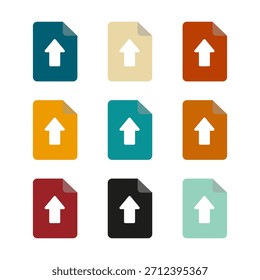 Set von farbenfrohen Upload-Dokumentsymbolen mit Pfeilsymbolen, minimalistischem Flachdesign für Web, App-Schnittstelle und digitale Medien.