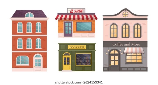 Set of colorful urban storefronts and buildings including coffee shop, bookshop, apartment and convenience store, flat design style on white background. Vector illustration