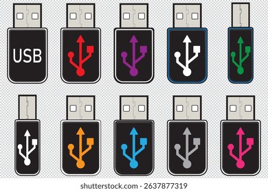Set of colorful USB flash drives ideal for digital storage, technology, and office-related visuals EPS 10 VECTOR