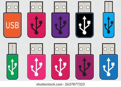 Set of colorful USB flash drives ideal for digital storage, technology, and office-related visuals EPS 10 VECTOR