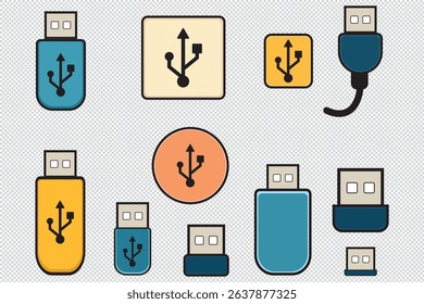 Set of colorful USB flash drives ideal for digital storage, technology, and office-related visuals EPS 10 VECTOR