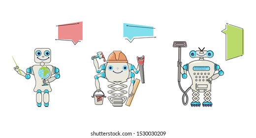 Set of colorful ute bot character. Chatbot greets and give Online consultation.  Flat Art Vector illustration