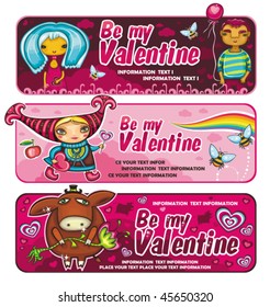 A set of colorful Valentine banners: A couple in love on a date, Cute donkey with a flower, funny animals bear and cat on date Beautiful backgrounds with sunset sky, birds, bees, flowers