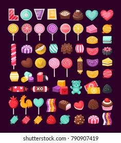 Set of colorful Valentine sweets for loving couples. Vector candies decorated with valentineâ??s day elements and ornaments made in bright untraditional colors. 