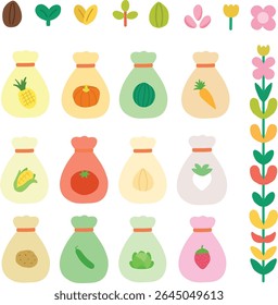 Conjunto de variedade colorida de frutas e legumes sack de plântulas de vetor editável ilustração