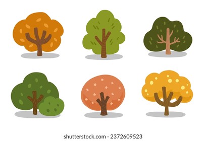 Set of colorful various bushes and shrubs. Seasonal plants. Flat cartoon style vector illustration isolated on white background.