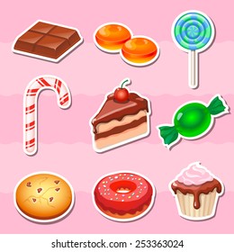 Set of colorful various candy, sweets and cakes stickers.