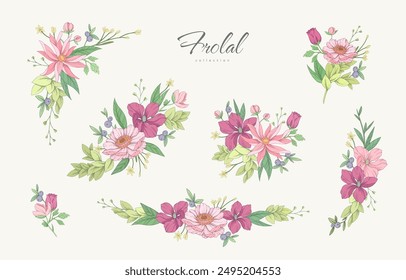 Set of colorful various flowers and foliage in boutonniere or bouquet, intricate details and delicate forms. Hand drawn vector decoration for wedding invitation, save the date card