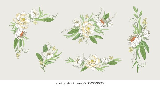 Set of colorful various flowers and foliage in boutonniere or bouquet, intricate details and delicate forms. Hand drawn vector decoration for wedding invitation, save the date card