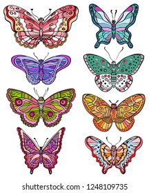 Set of colorful various forms butterflies. Ornate vector illustration.