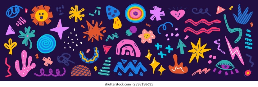 Set colorful various hand drawn shapes and doodle objects, abstract elements for modern design, vector flat illustration