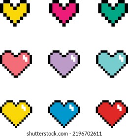 set of colorful and various heart shape pixel icons vector illustration.